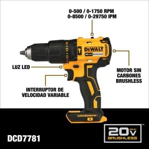 Kit Taladro Martillo de 1/2 y Atornillador de Impacto de 1/4 Inalámbrico de 20V Max Brushless con 2 Baterías de 2 Amperios DCD7781/DCF7871 con Bolso. DEWALT - Imagen 3