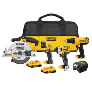 Kit Taladro Atornillador de 1/2, más Atornillador de Impacto, más Sierra Circular, más Linterna con 2 Baterías de 2 Amperios DCD771/DCS885/DCS393/DCL040 con Bolso. DEWALT - Imagen 1