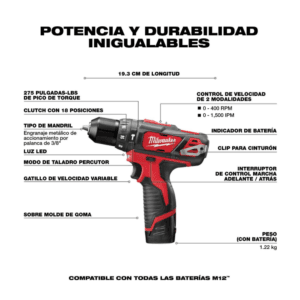 Taladro Martillo 3/8 Inalámbrico 12V con 2 Velocidades Variables de 0 a 400 y 0 a 1,500 Revoluciones por Minuto, Reversible, 0 a 25,500 Golpes por Minuto, sin Llave, Luz Led, 2 Baterías 1.5 Amperios, Cargador y Maletín. MILWAUKEE - Imagen 3