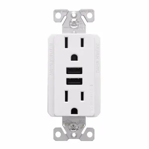 Tomacorriente Doble 15A/125V Combinado con de 2 Usb 5VDC Blanco. COOPER WIRING
