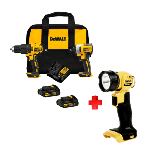 COMBO - DEWALT - Taladro Martillo y Atornillador de Impacto de 20V Max, Brushless con 2 Baterías de 2 Amperios más Bolso y Linterna