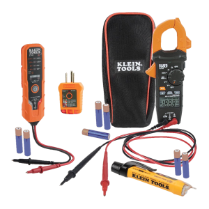 Kit Amperímetro Clamp CL120, con Probador de Voltaje ET40, Detector Tension sin Contacto NCVT-3P y Probador de Tomacorrientes GFI 110-125V RT210. KLEIN