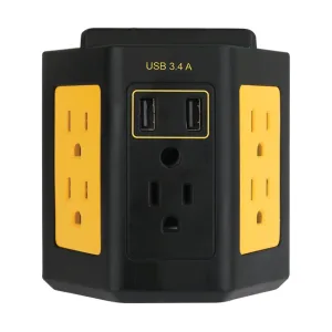 Adaptador de Enchufe de 1 Entrada con 5 Salidas con 2 USB Negro de 15 Amperios de 125V. POWERZONE