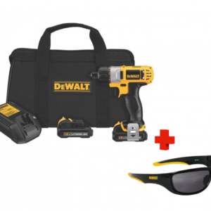 COMBO - DEWALT - Atornillador 1/4 Inalámbrico 12V Max Litio-Ion de 0 a 1,050 Revoluciones por Minuto, 3 Luz Led, con 2 Baterías 1.5 Amperios, Cargador y Bolso más Anteojos de Seguridad