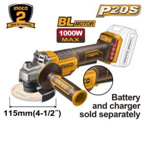 Esmeriladora Angular de 4-1/2 Inalámbrico 20V 8,000 Revoluciones por Minuto Brushless sin Batería con Interruptor Paleta. INGCO