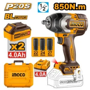Llave de Impacto 1/2 Inalámbrico 20V 0 a 2,200 Golpes por Minuto Brushless 627 Pie/ Lbs (850NM) con 2 Baterías de 4.0 Amperios. INGCO