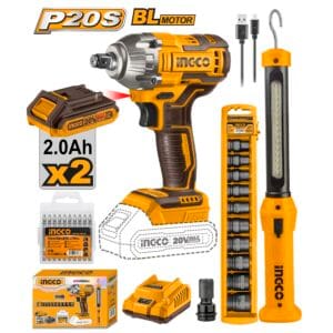 Llave de Impacto 1/2 Inalámbrico 20V 0 a 3,300 Golpes por Minuto Brushless 221 Pie/ Lbs (300NM) con 2 Baterías de 2.0 Amperios más Sockets y Lampara. INGCO