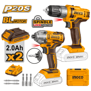 Kit Taladro Atornillador de 3/8 y Atornillador de Impacto de 1/4 Inalámbrico 20V Brushless 2 Batería 2.0 Amperios UCOSLI230708/CIRLI2017. INGCO