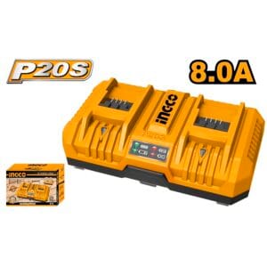 Cargador de Batería Doble Litio-On 20V 8.0 Amperios (4.0 Amperios + 4.0 Amperios) 1 Hora P20S. INGCO