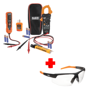 COMBO - KLEIN - Kit de Amperímetro Clamp CL120, Incluye Detector de Tensión, Probador de Tensión y Probador de Tomacorriente GFI 110V-125V más Anteojos de Seguridad