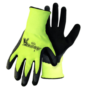 Guante Poliéster con Palma Látex Color Negro/Verde HI-VIS Talla Large. BOSS MFG