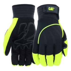 Guante de Mecánico Spandex / Cuero Color Negro y Verde HI-VIS Talla Medium. CAT GLOVES & SAFETY