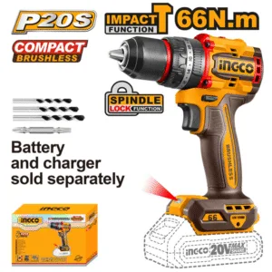 Taladro Martillo 1/2 Inalámbrico 20V con 2 Velocidades Variable, de 0 a 2,000 Revoluciones por Minuto Brushless de 0 a 30,000 Golpes por Minuto 66NM más Juego Brocas de 4 Piezas, sin Batería. INGCO