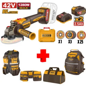 COMBO - INGCO - Esmeriladora Angular de 4-1/2 Inalámbrico de 42V con 10,000 Revoluciones por Minuto Brushless con 2 Batería 2.5 Amperios con Interruptor Superior más 29 Discos con Maletín más Kit Portaherramientas