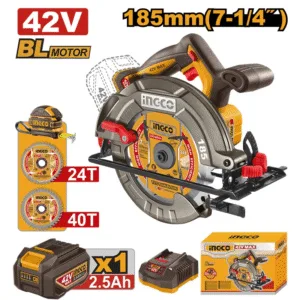 Sierra Circular Inalámbrica de 42V de 7-1/4 con 5,000 Revoluciones por Minuto con 1 Batería de 2.5 Amperios más 2 Discos y Cinta Métrica. INGCO