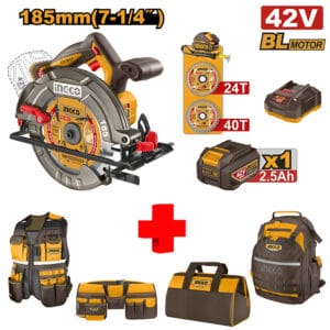 COMBO - INGCO - Sierra Circular Inalámbrico de 42V de 7-1/4 con 5,000 Revoluciones por Minuto con 1 Batería de 2.5 Amperios Brushless más 2 Discos y Cinta Métrica más Kit Portaherramientas