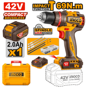 Taladro Martillo de 1/2 Inalámbrico de 42V con 2 Velocidades Variables de 0 a 2,000 Revoluciones por Minuto Brushless de 0 a 30,000 Golpes por Minuto 69NM con 1 Batería de 2.0 Amperios con Maletín y 47 Accesorios. INGCO