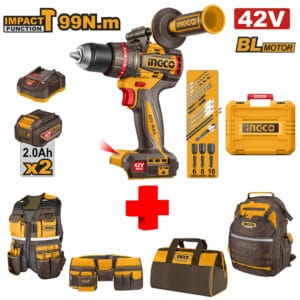 COMBO - INGCO - Taladro Martillo de 1/2 Inalámbrico de 42V con 2 Velocidades Variable de 0 A 2,000 Revoluciones por Minuto Brushless de 0 a 30,000 Golpes Por Minuto 99NM con 2 Baterías 2.0 Amperios con Maletín y 17 Accesorios más Kit Portaherramientas