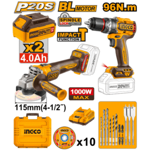 Kit Taladro Martillo de 1/2" 96NM y Esmeriladora Angular de 4-1/2 20V 1000W con 2 Baterías de 4.0 Amperios con Maletín más Juego de 9 Brocas y 2 Punta Destornillador Doble. INGCO