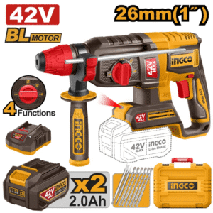 Rotomartillo de 1" SDS Plus Inalámbrico de 42V con 4 Funciones, 2.5 Joules de 0-5,000 Golpes por Minuto, 0-1,100 Revoluciones por Minuto con 2 Baterías de 2.0 Amperios con Juego 6 Brocas más 2 Cinceles con Maletín. INGCO