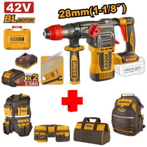COMBO - INGCO - Rotomartillo de 1-1/8 SDS Plus de 42V más Kit Portaherramientas