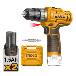 Taladro Atornillador de 3/8 Inalámbrico de 12V con 2 Velocidades Variable de 0 a 400/0 a 1,500 Revoluciones por Minuto, con Luz Led, con 2 Baterías de 1.5 Amperios USB-C y con Maletín. INGCO