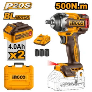 Llave de Impacto 1/2 Inalámbrica 20V 0 a 3,300 Golpes por Minuto Brushless 369 Pie/ Lbs (500NM) con 2 Baterías de 4.0 Amperios. INGCO