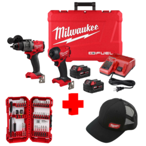 COMBO - MILWAUKEE - Kit Taladro Martillo y Atornillador de Impacto más Puntas y Juego de Socket más Gorra