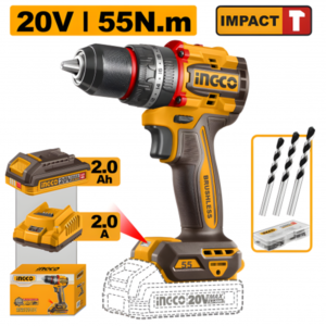 Taladro Martillo de 1/2 Inalámbrico 20V con 2 Velocidades Variable 0 a 2,000 Revoluciones por Minuto Brushless 0 a 30,000 Golpes por Minuto 55Nm con 1 Bateria con 2.0 Amperios. INGCO