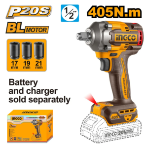 Llave de impacto inalámbrica de 1/2", 20 V, motor sin escobillas, torque de 405 NM (299 Lbs-pie), hasta 3.000 impactos/min, sin batería, incluye dados. INGCO