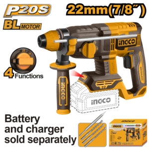 Rotomartillo inalámbrico SDS Plus de 7/8", 20 V, motor sin escobillas, 2 Joules, 4 funciones, hasta 5.400 golpes/min y 1.100 Revoluciones por Minutos, sin batería. INGCO